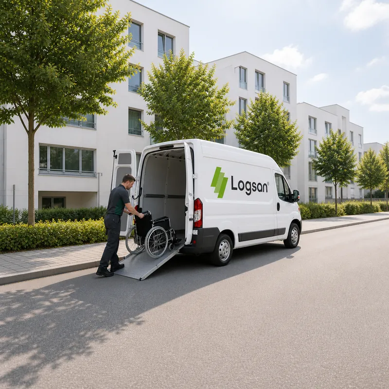 Logsan-Transporter vor einem Wohnhaus, ein Mitarbeiter entlädt ein Hilfsmittel